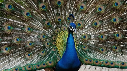 Obraz premium A vibrant peacock spreads its colorful feathers in a stunning display of nature's beauty and elegance.
