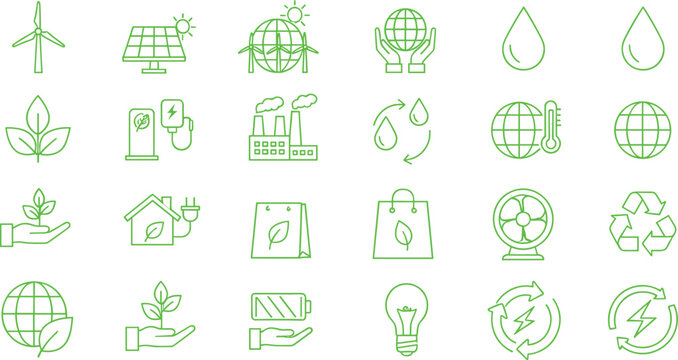Minimal green eco sustainability and renewable energy icon set featuring solar wind water recycling nature and environmental concepts