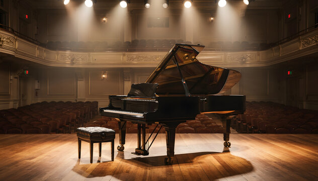 Grand Piano Under Spotlight on Stage: An evocative image of musical performance, perfect for concert advertisements, theater promotions, and classical music events. Elegance and artistry