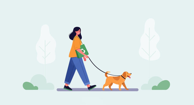 Person walking a dog with a reusable bag in a park