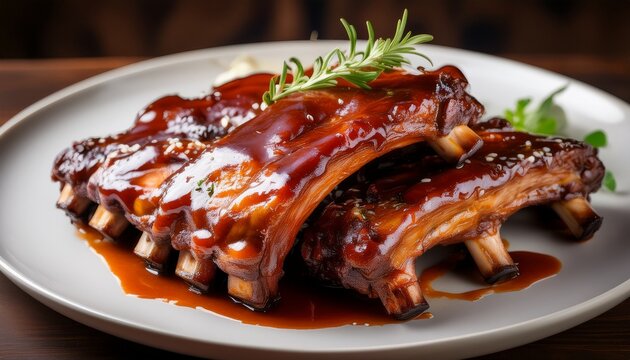 a mouthwatering image showcases succulent glazed ribs on a pristine white plate a culinary delight ready to be savored