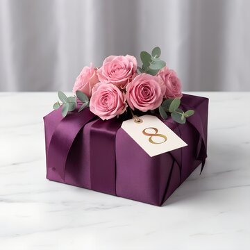 Luxury Gift Box with Purple Ribbon and Pink Roses for Women's Day Present Product Photography
