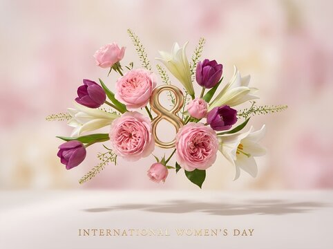 Elegant Floral Arrangement with Golden Number 8 for International Women's Day Greeting Card