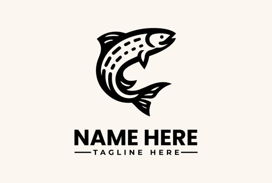 A black and white vector illustration of a jumping trout fish with a customizable name and tagline on a clean background, featuring a logo and pictogram design.