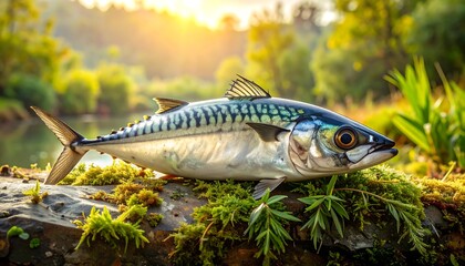 Fresh Salmon Fish on Mossy Log.