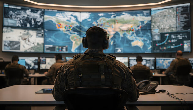 Focused Analyst Overseeing Global Data on Monitors in Dark Room with Colleagues, Ensuring Strategic Responses and High Tech Surveillance, Control, and Command