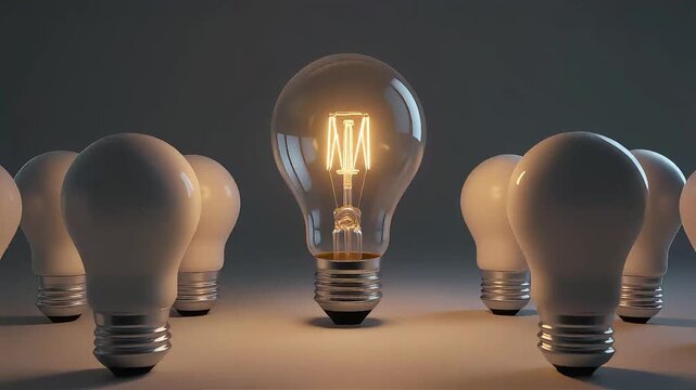 Glowing tungsten light bulb standing out among unlit bulbs, innovation and leadership concept, creative idea breakthrough with dramatic lighting and dark background.