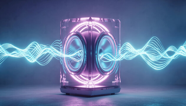 Futuristic semi transparent speaker emitting blue light waves showing powerful sound vibration and innovation technology with pink aesthetic neon glow creating energetic atmosphere for digital