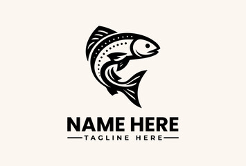 Obraz premium Black and white vector illustration of a fish logo with a placeholder name and tagline on a beige background.