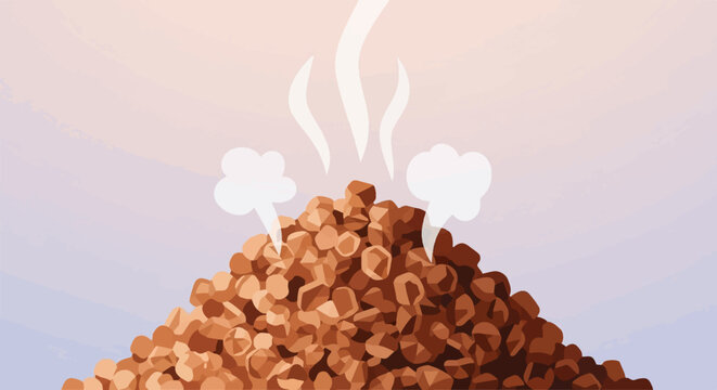 Pile of warm, steaming roasted coffee beans against a soft, gradient sky
