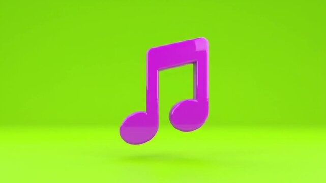 3D render of a bright pink musical eighth note on a vibrant green background, for music or audio branding, Isolated on green background,