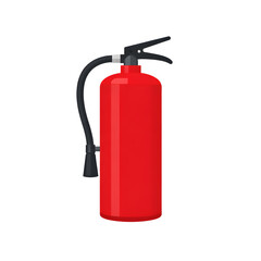 Obraz premium Red fire extinguisher with black hose and handle, isolated on a white background. Essential safety equipment for emergency preparedness and fire prevention.