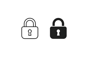 Fototapeta premium Two icon styles of a padlock: one a thin line drawing and the other a solid black silhouette, representing security, access, and digital locks.