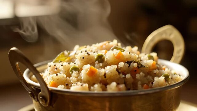 Steaming Hot Rice Porridge With Vegetables in a Metal Pot.
