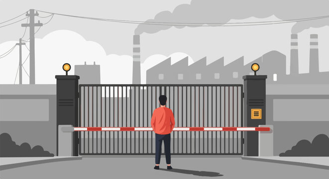 Person at barrier gate before industrial complex with smokestacks