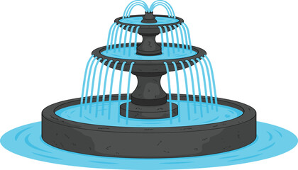 Tiered stone water fountain with flowing streams, urban park architecture ornament, decorative cascade pool, city plaza landmark, flat vector illustration isolated © AKIBUR