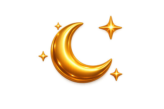 Golden crescent moon and shining stars 3d icon for night, sleep, dream, and celestial concepts on transparent background