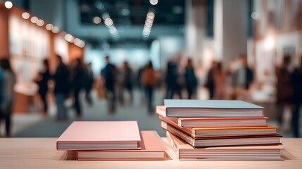 Literary Exhibition: Stacked books on a table with a blurred exhibition hall and people in the background, a tribute to the world of literature and human intellect. 