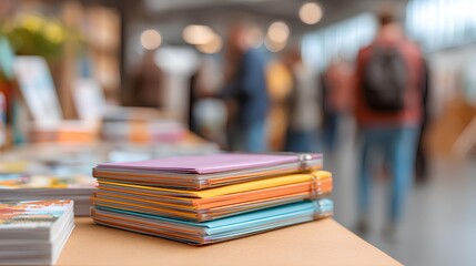 Stacks of Paperworks: A colorful collection of documents stacked neatly on a table with a blurred background of people, capturing a glimpse of everyday life