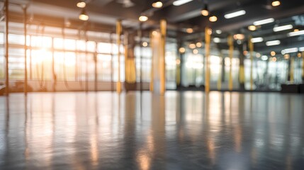 Modern architectural design of building: The interior showcases an expansive, light-filled space with reflective flooring and an abundance of natural light streaming in.