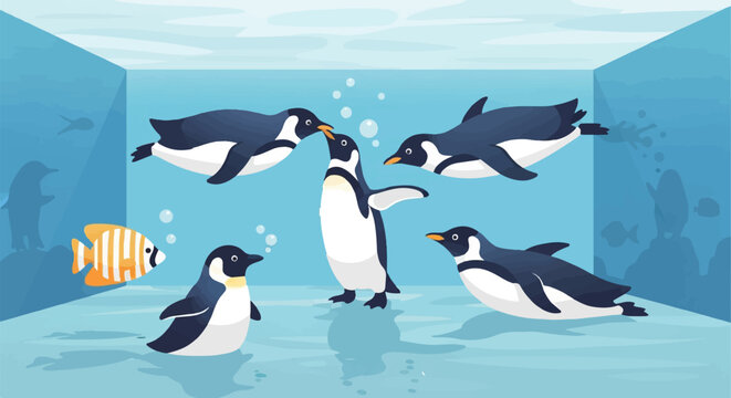Penguins and fish in a blue aquatic enclosure with bubble details