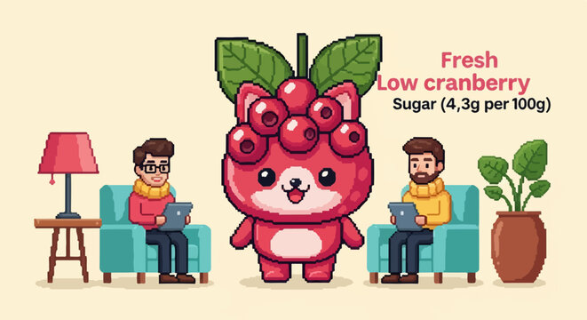 Pixelated cranberry character and people with tablets in cozy room