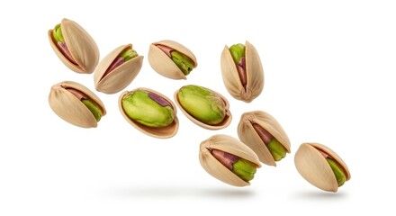 Floating ripe pistachios nuts isolated on white background