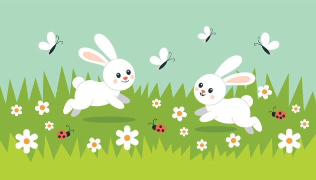 Two cute white rabbit vector illustrations jumping through a green grass field with daisies butterflies and ladybugs isolated.