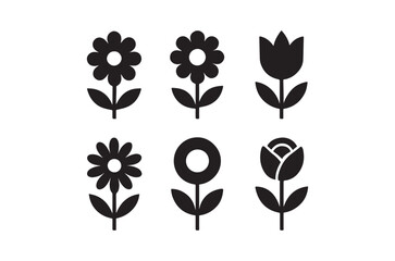Minimalist black silhouettes of six different flower types arranged in a simple grid pattern