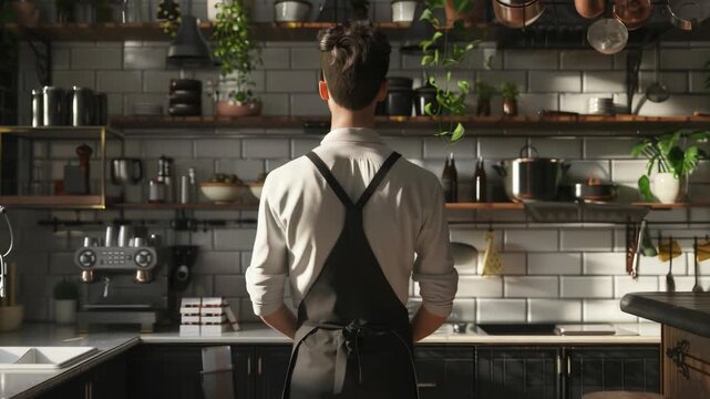 Footage person stands near the sink in a modern kitchen, suitable for use as a background or