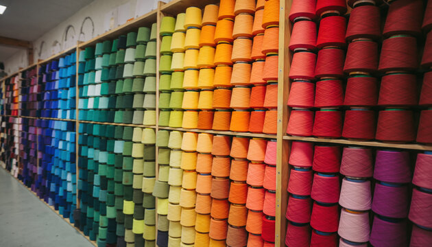 Vibrant collection of multicolored wool cones organized on large wooden shelf wall creating bright rainbow spectrum that evokes feeling of creativity joy and inspiration for art and craft projects