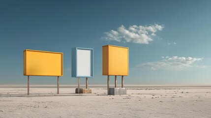 Signage in Desert Landscape: Three minimalist signboards stand in stark contrast against a boundless desert landscape, bathed in the soft glow of a tranquil sky. 