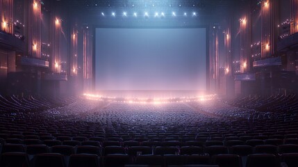 Empty Theater Stage: A vast, empty theater stage illuminated by dramatic lighting, with rows of vacant seats facing the stage. Awaiting anticipation for a grand performance.