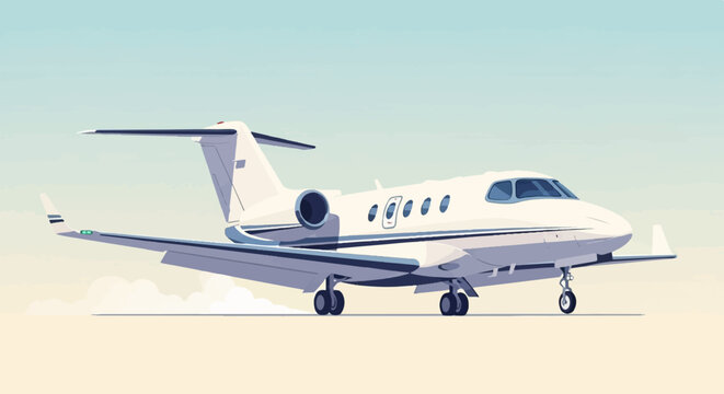 Pixelated private jet taxiing on runway with soft clouds below