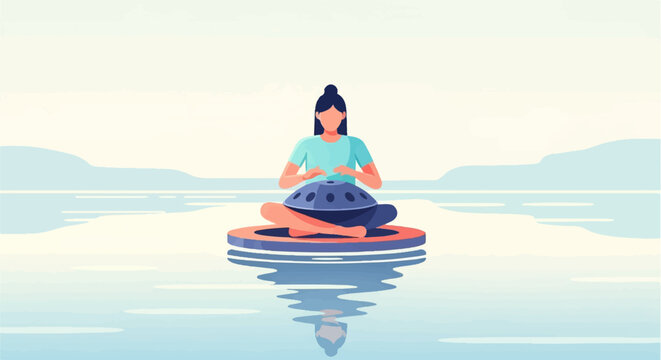 Person playing hang drum on floating platform on calm water