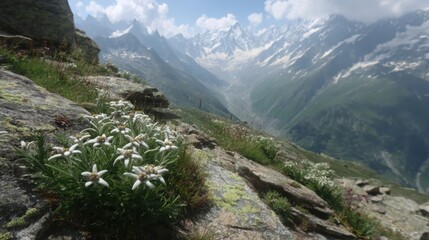Fototapeta premium Delicate white edelweiss flowers bloom on a rugged alpine mountain slope overlooking a vast glacial valley under a blue sky.