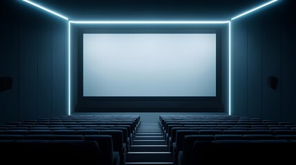 Cinema Screen: A captivating view of an empty cinema, illuminated by vibrant neon lights. The rows of seats invite anticipation for the cinematic experience.