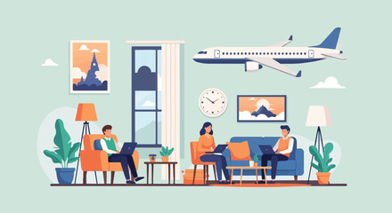 Naklejka premium People working on laptops in a modern living room with airplane outside