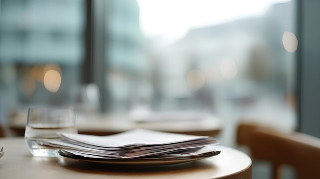 Restaurant table setting: A minimalist table setting in a modern restaurant, featuring a stack of papers and glass on a table, with a blurred outdoor backdrop suggesting urban surroundings.