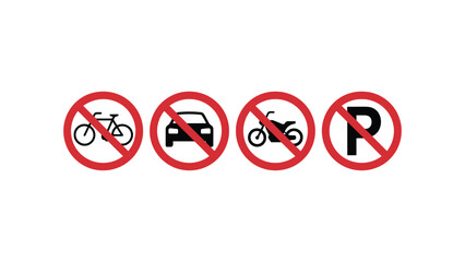 prohibition traffic sign icon set no bicycle no car no motorcycle and no parking symbols isolated on white background © VectAmaze
