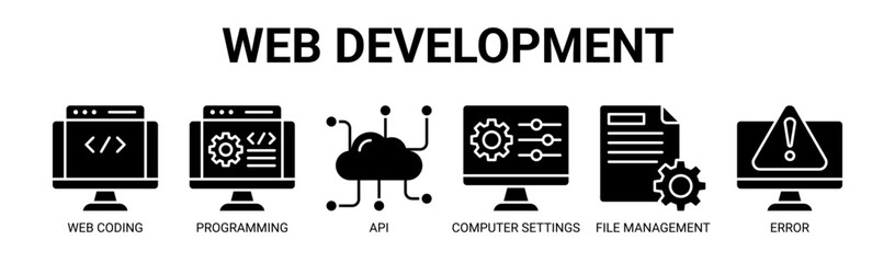 Web Development web banner icon vector illustration concept with icon of web coding, programming, api, computer settings, file management, and error handling.
