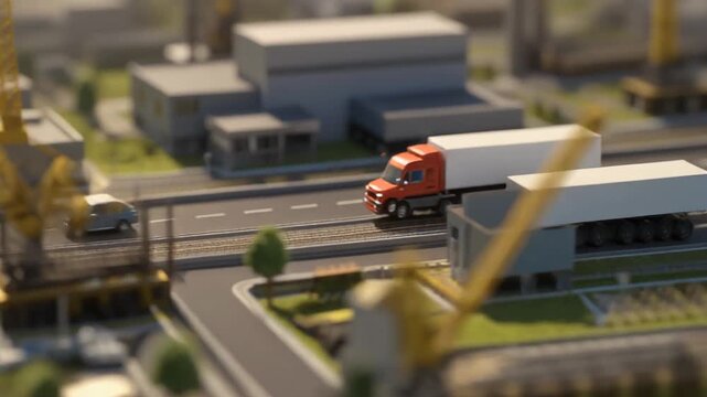 Miniature City Traffic with Trucks and Cars on a Highway.
