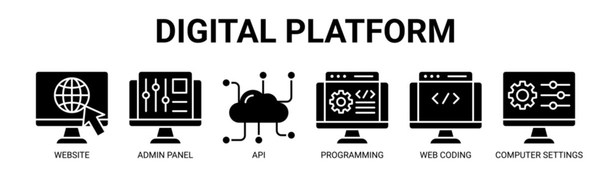 Digital Platform web banner icon vector illustration concept with icon of website system, admin panel, api integration, programming, web coding, and computer settings.