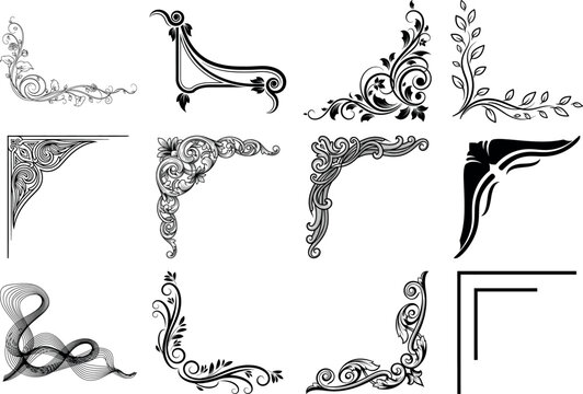 Set of ornate corner designs isolated on transparent background