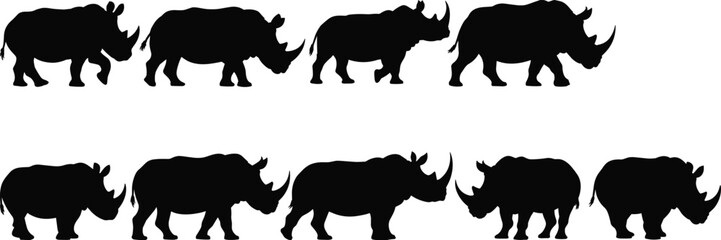 Black rhinoceros silhouette collection featuring multiple rhino poses including walking standing and charging profiles for safari wildlife design animal conservation and african nature graphics © Anayna Here