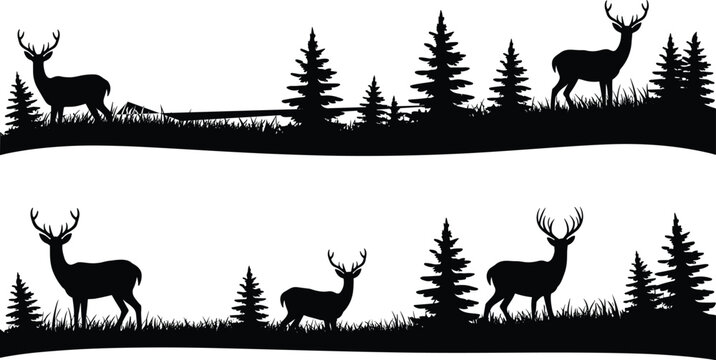 Black deer silhouette forest landscape vector with stags and pine trees isolated on white background for wildlife nature hunting and outdoors adventure design