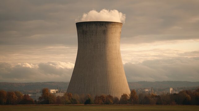 Massive industrial cooling tower releasing steam against a cloudy sky, representing power generation and industrial scale.