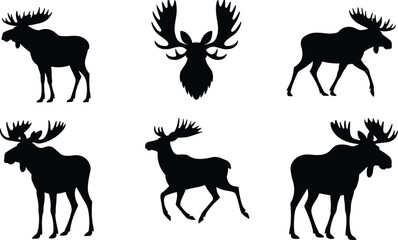 Collection of black moose silhouettes including bull moose with large antlers and running elk icons isolated on white background for hunting nature and wilderness design