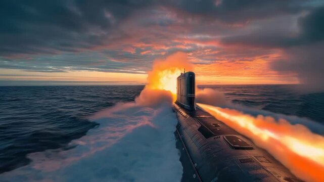 Video A submarine launches a missile into the ocean, useful for military or underwater exploration scenes