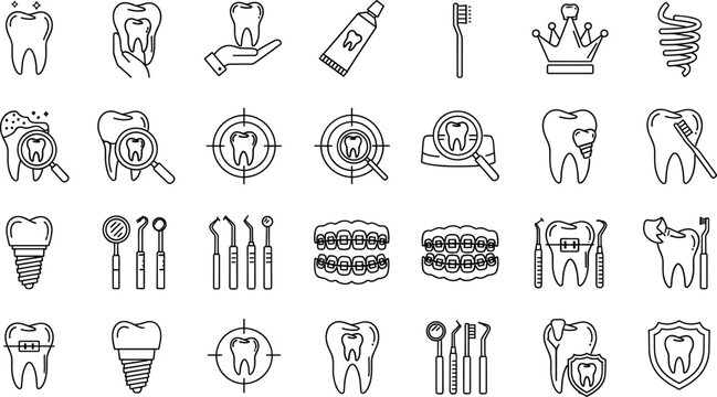 Minimal line icon collection for dentistry, oral health, teeth care, dental treatment, orthodontics, implants, and hygiene concepts